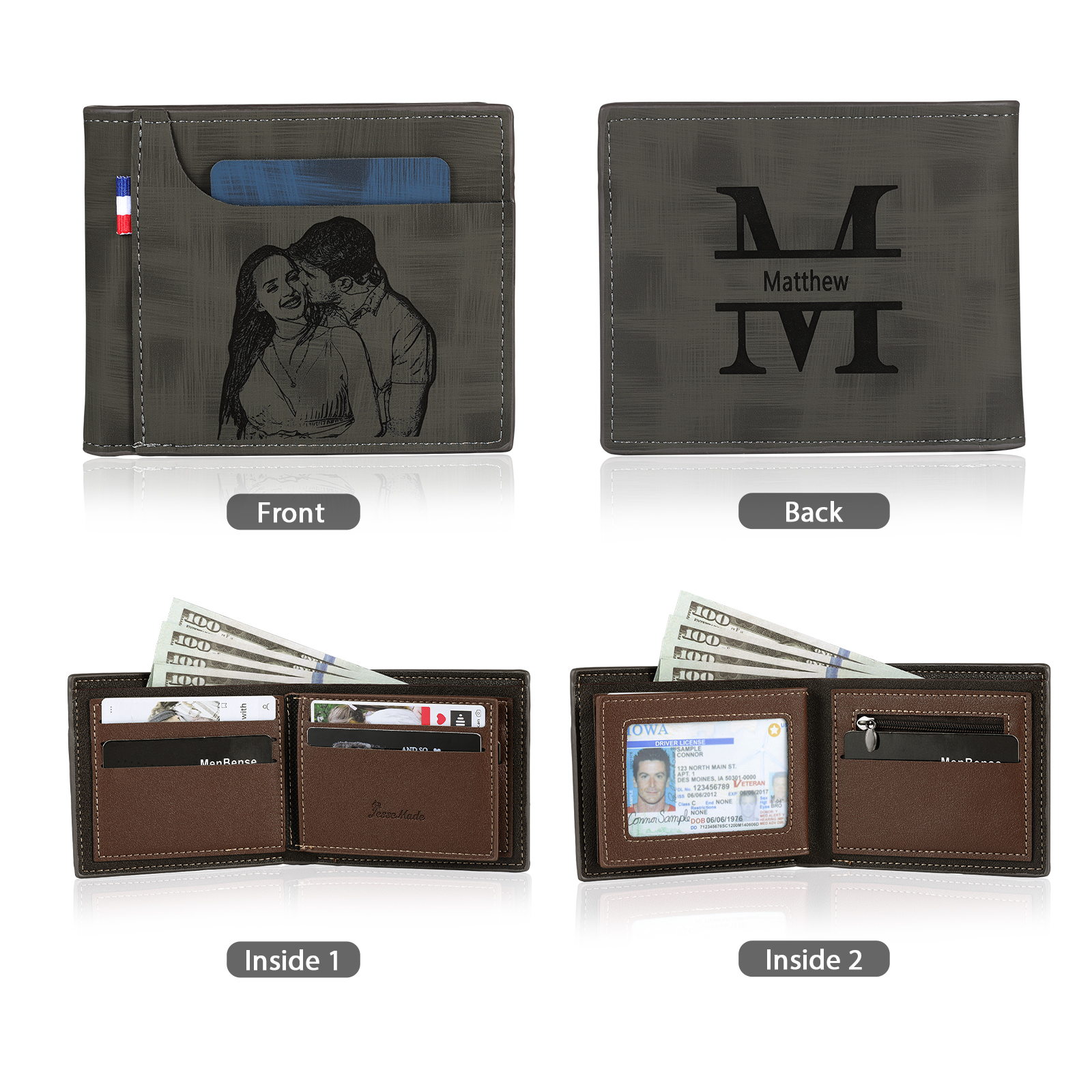 Portefeuille Classique 1 Prénom et Lettre Personnalisés avec Photo Porte-Monnaie Carte