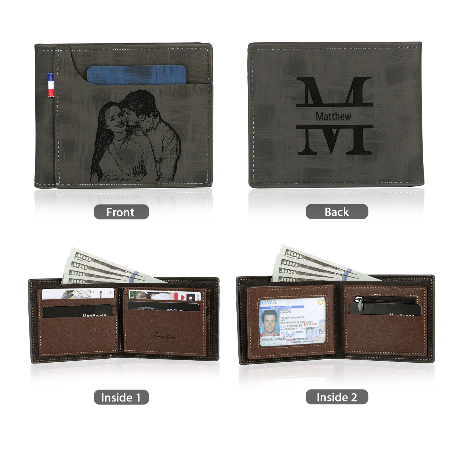 Portefeuille Classique 1 Prénom et Lettre Personnalisés avec Photo Porte-Monnaie Carte