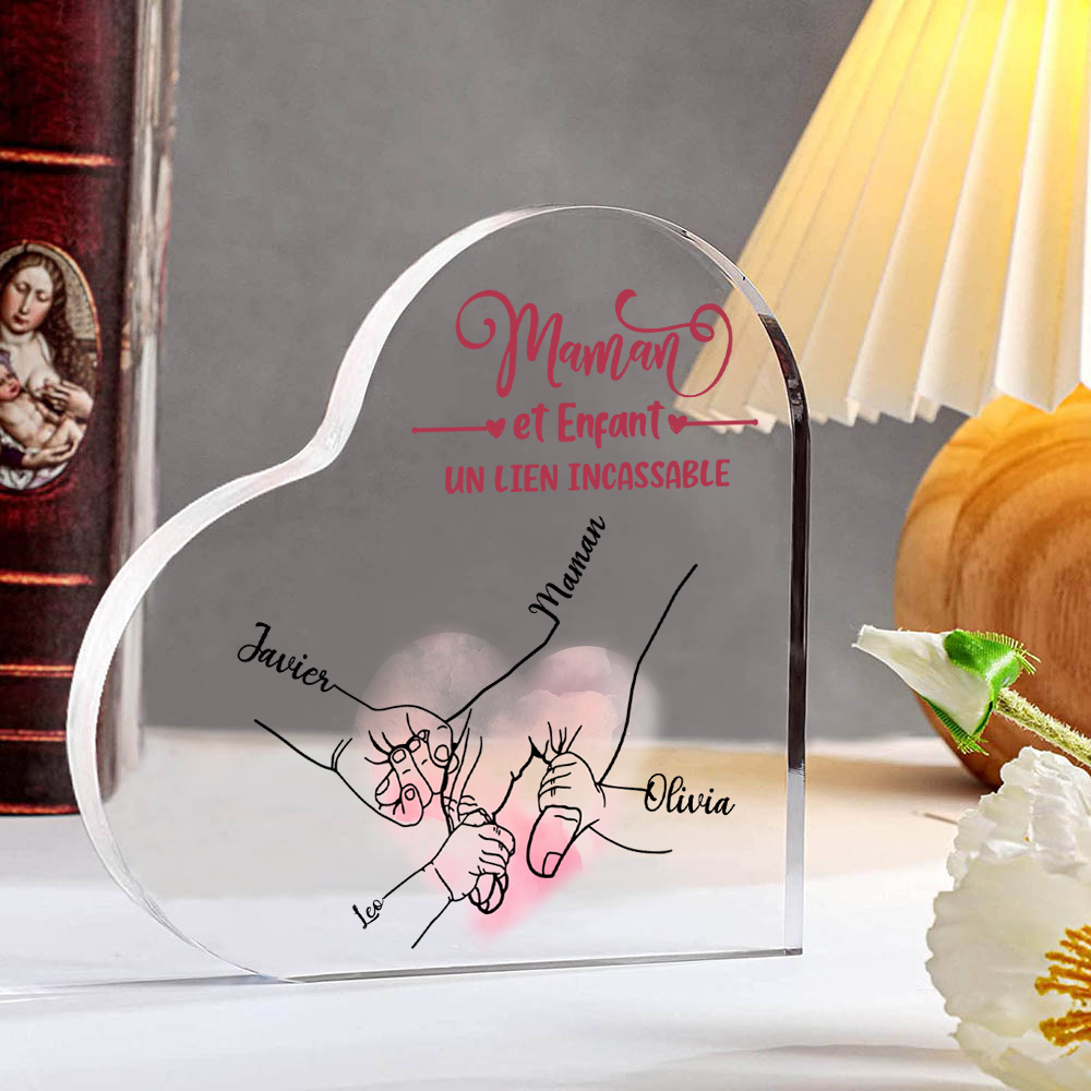 À ma Maman - Plaque Acrylique en Forme de Cœur la main dans la main 4 Prénoms Personnalisés