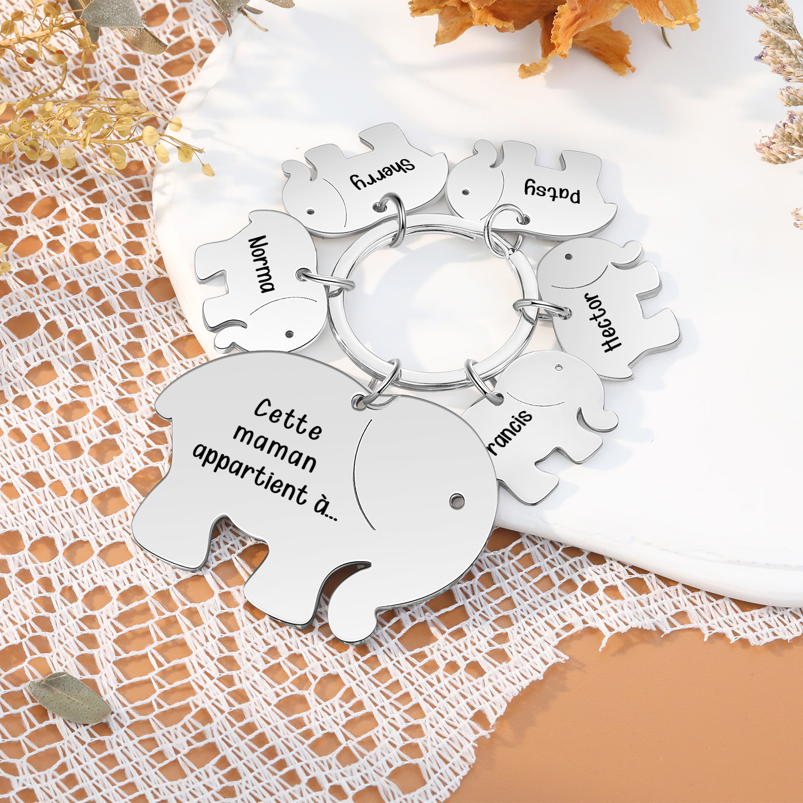 À Maman/Mamie - Porte-Clés Éléphant 5 Prénoms Personnalisés avec Texte