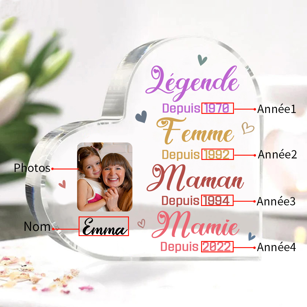 À ma Mamie - Plaque Acrylique en Forme de Cœur 1 Prénom et Photo  Personnalisés avec 4 Années