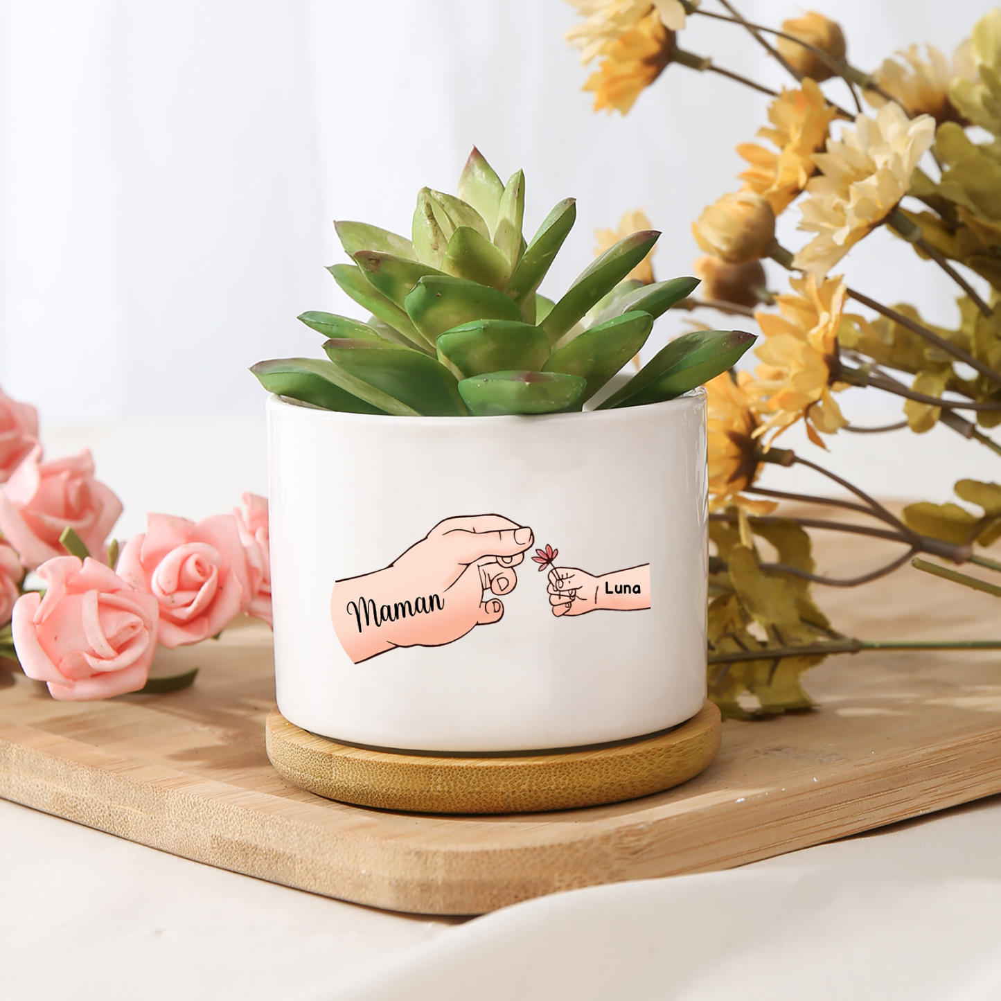 Vase/Pot de Fleurs mains et enfants 2 Prénoms Personnalisés Décoration de la Maison (sans plantes)