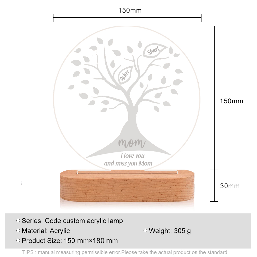 Lampe de chevet LED Arbre de vie Arbre généalogique 2 prénoms personnalisés avec 2 textes