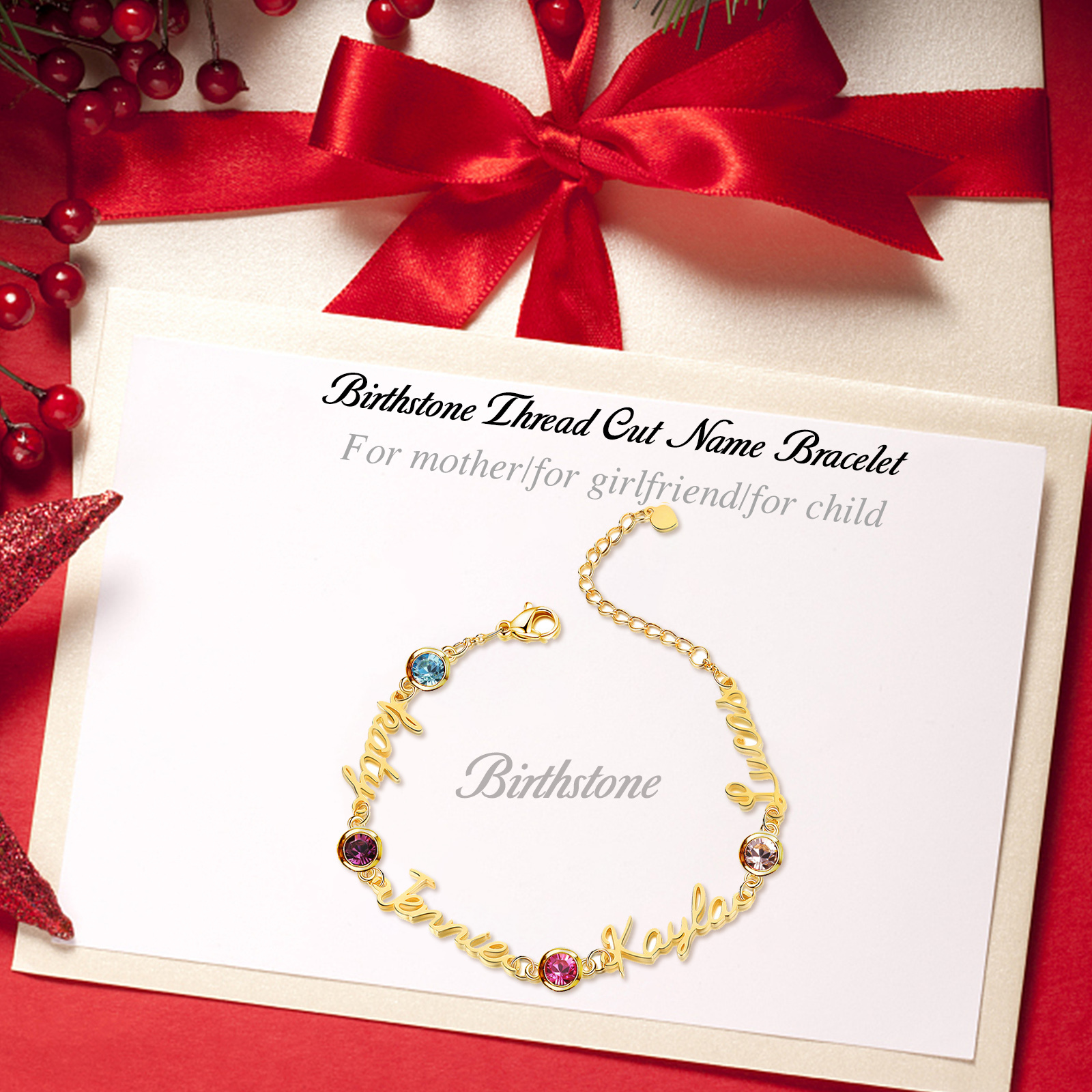 Bracelet Breloque 4 Prénom Personnalisé avec 4 Pierre de Naissance