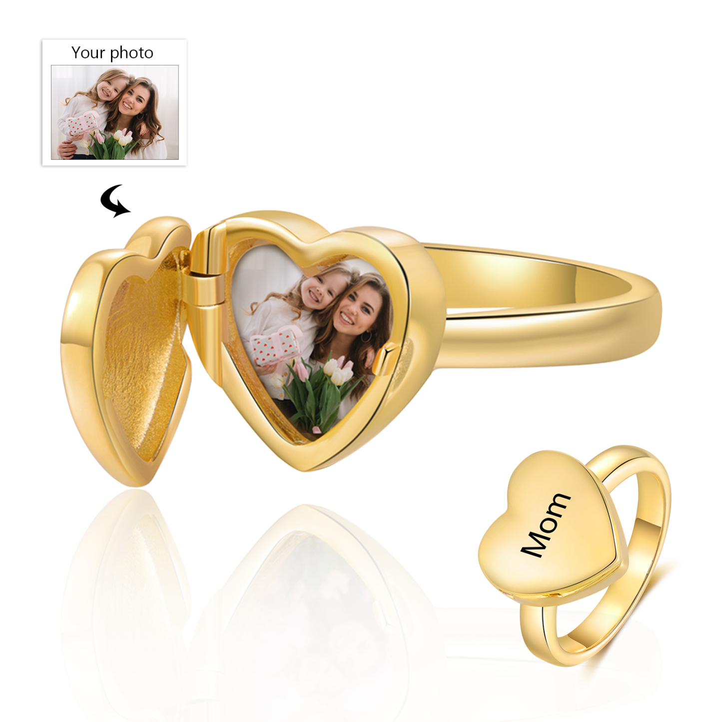 Bague Femmes Cœur 1 Texte et Photo Personnalisés