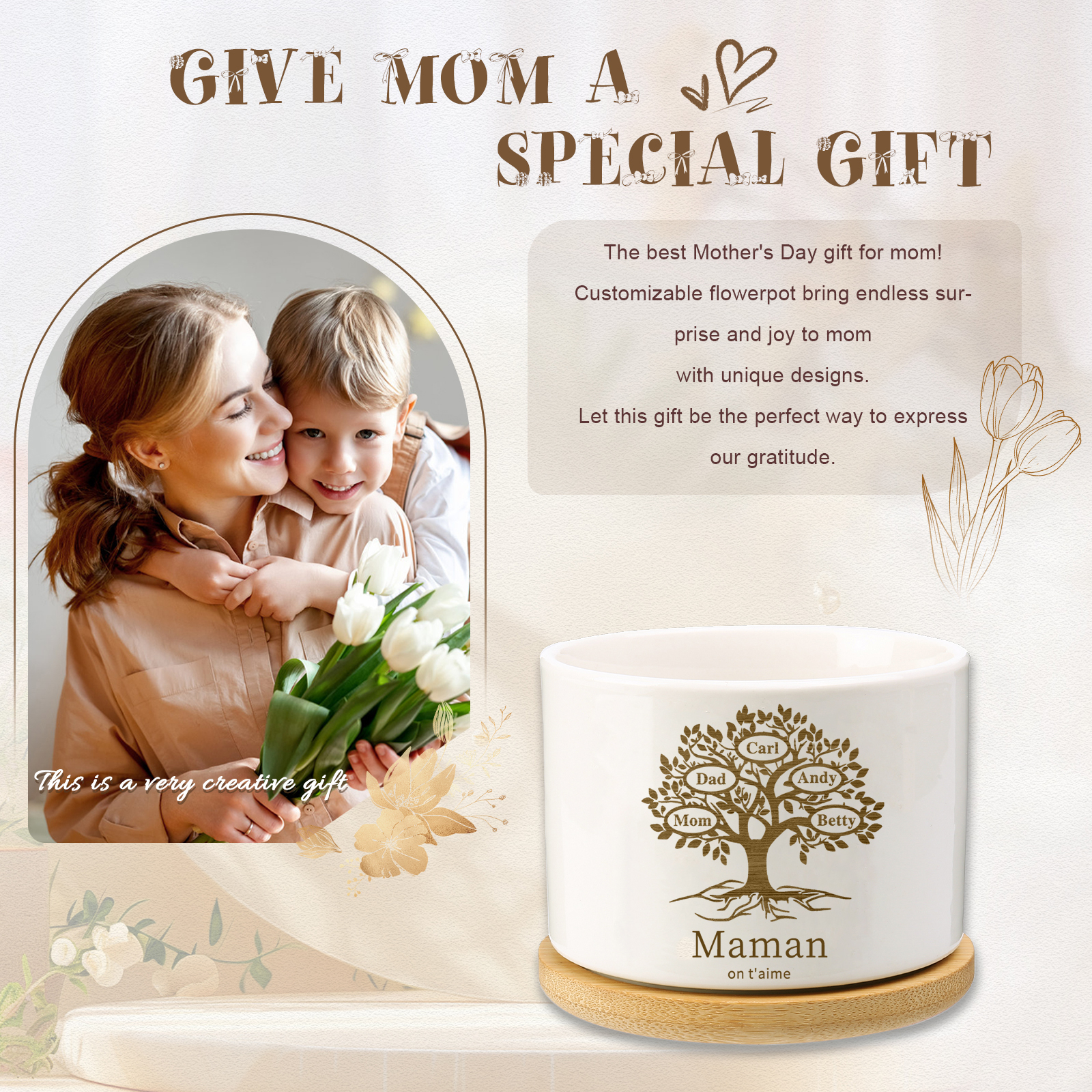 Vase/Pot de Fleurs Arbre de vie 5 Prénoms Personnalisés avec Texte Décoration de la Maison (sans plantes)