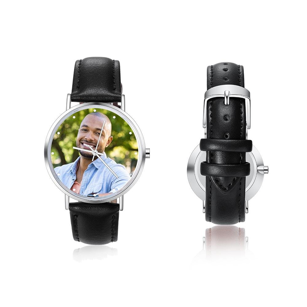 Montre Personnalisée Photo avec Gravure du prénom ou Message Bracelet en Cuir