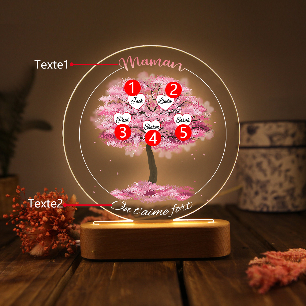 À Maman/Mamie - Lampe de chevet LED Lumières Arbre 5 Prénoms et 2 Textes Personnalisés pour Famille