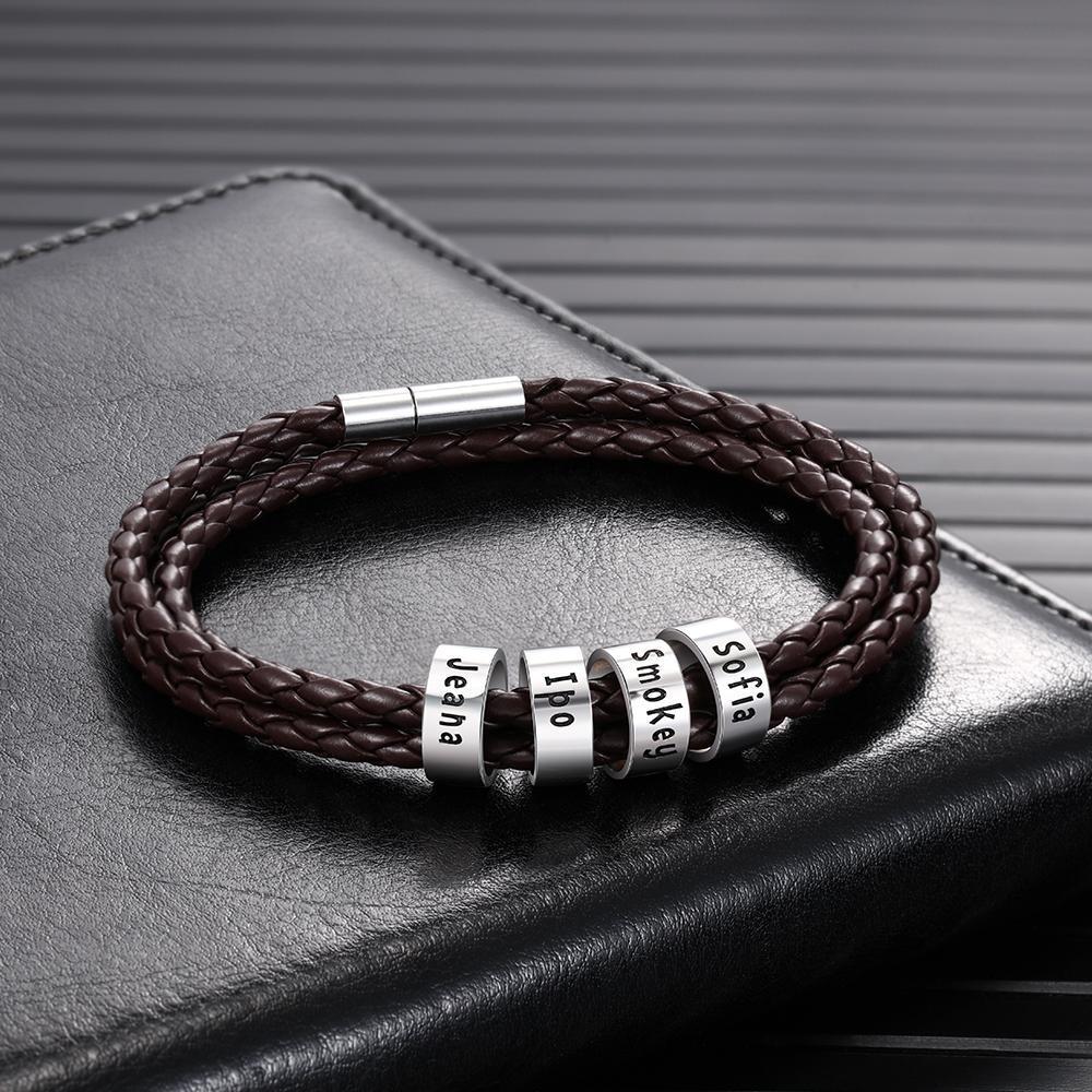 Bracelet Cuir tressé Prénom Personnalisé Bracelet Homme Avec 4 Perles Cadeau Pour Lui