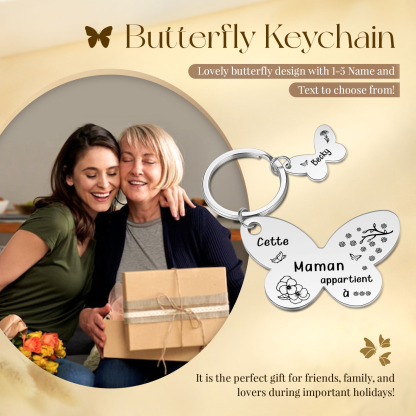 À Maman/Mamie - Porte-Clés Papillon 1 Prénom et Fleur de Naissance Personnalisés avec Texte 