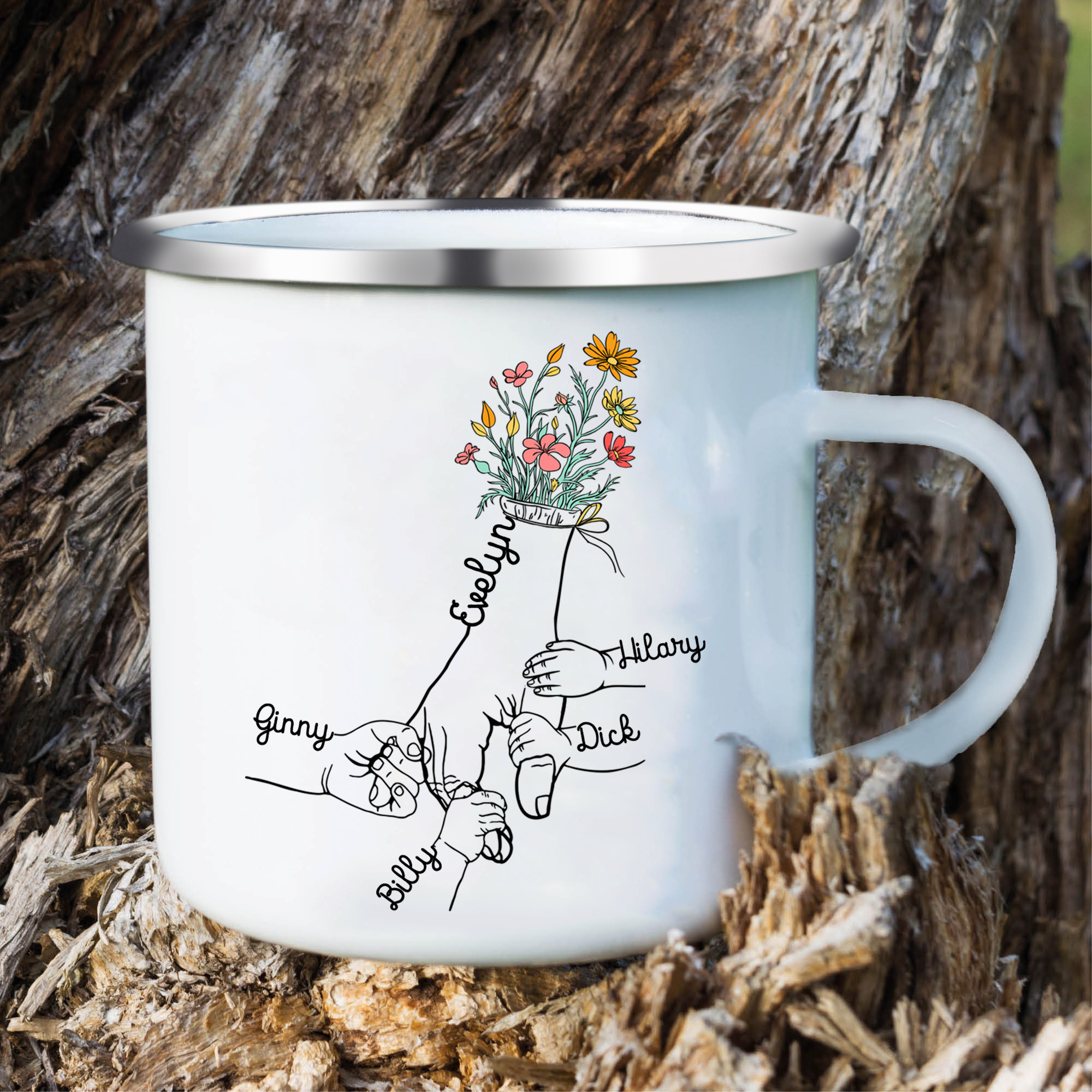 À Maman/Mamie - Tasse émaillée la Main dans la Main 5 Prénoms Personnalisés