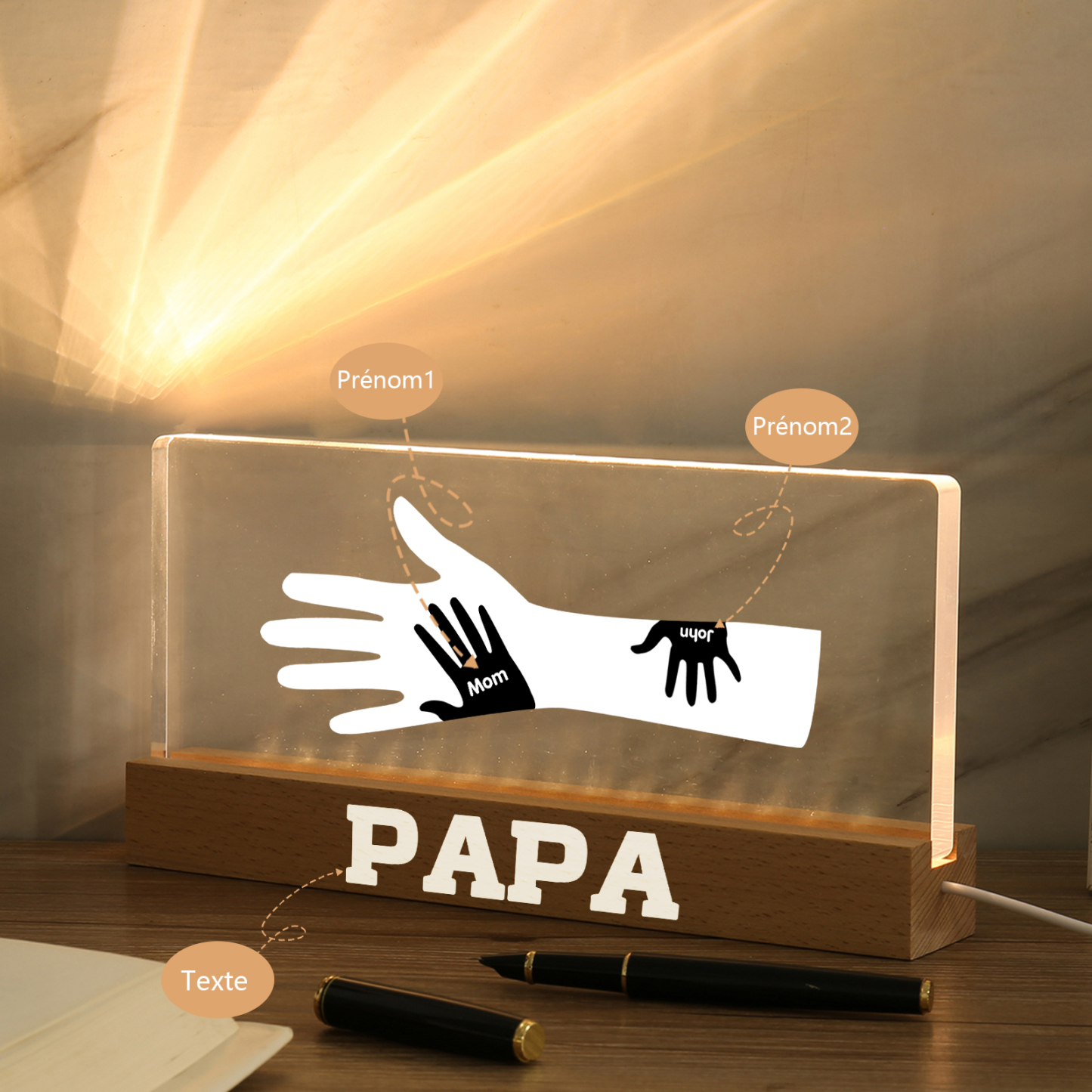 À Papa/Maman- Lampe de chevet LED Mains 2 Prénoms Personnalisés avec Texte pour Famille