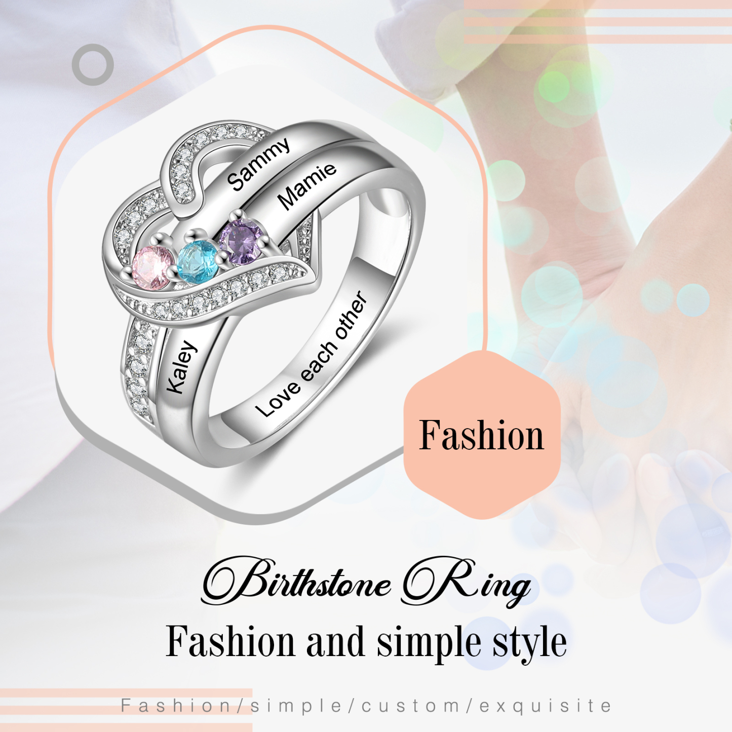 Bague Argent 925 3 Prénom Personnalisé avec 3 Pierre de Naissance