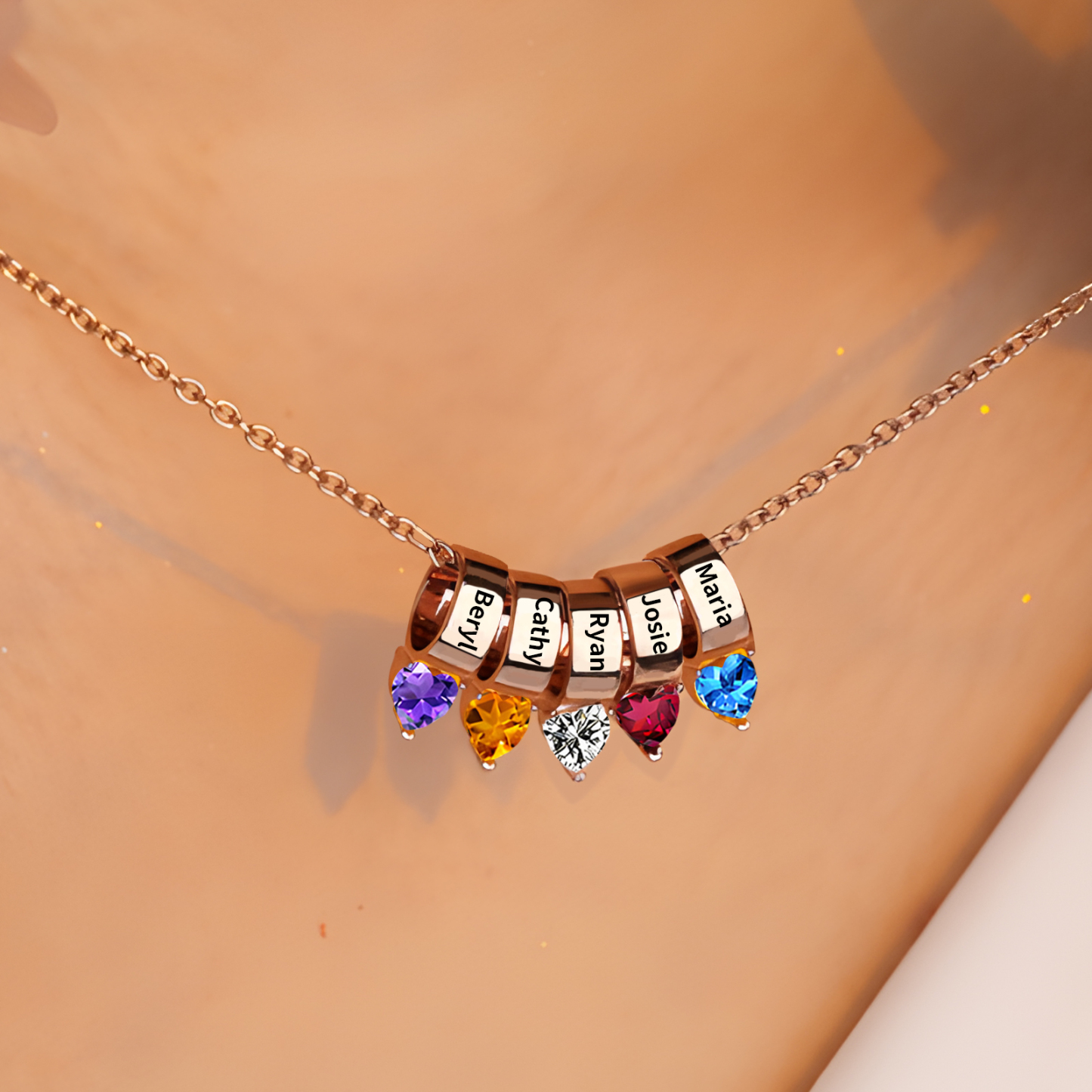 Collier Pendentif Cœur 5 Prénoms et Pierres de Naissance Personnalisés Collier Femmes