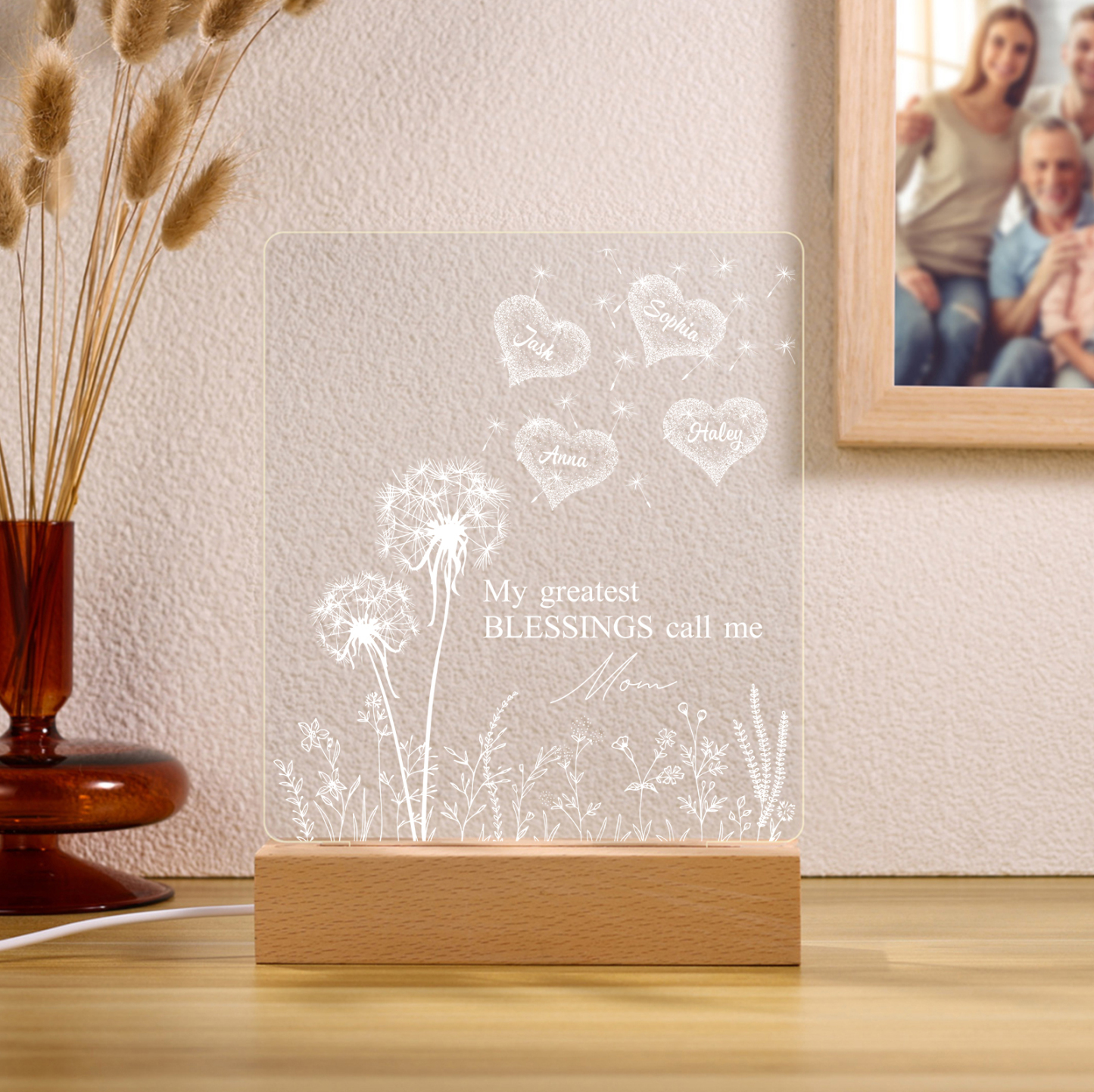 À Maman/Mamie - Lampe de chevet LED Pissenlit 4 Prénoms Personnalisés avec 2 Textes pour Famille