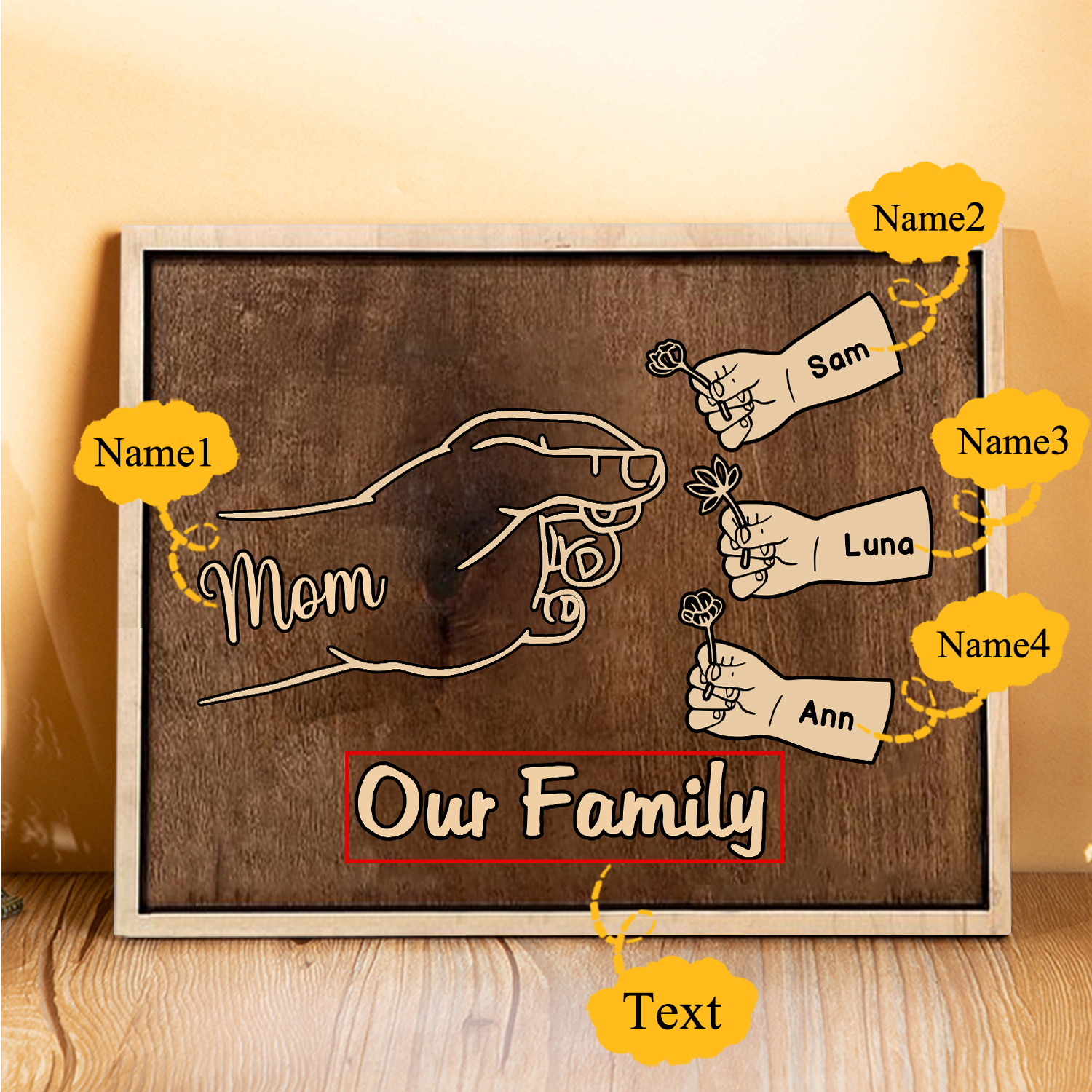 À Maman/Mamie - Cadre en Bois Main et Enfants 4 Prénoms Personnalisés avec Texte Cadeau pour Famille