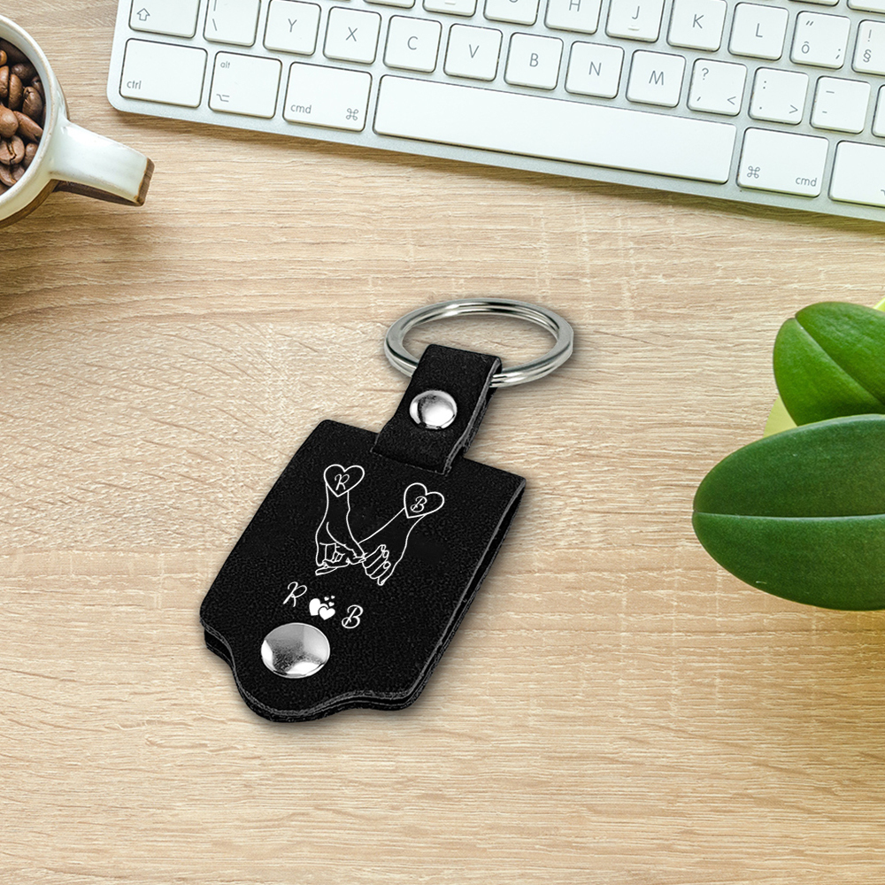 Porte-Clés Cuir 2 Lettre et 1 Photo Personnalisées avec Texte pour Couple