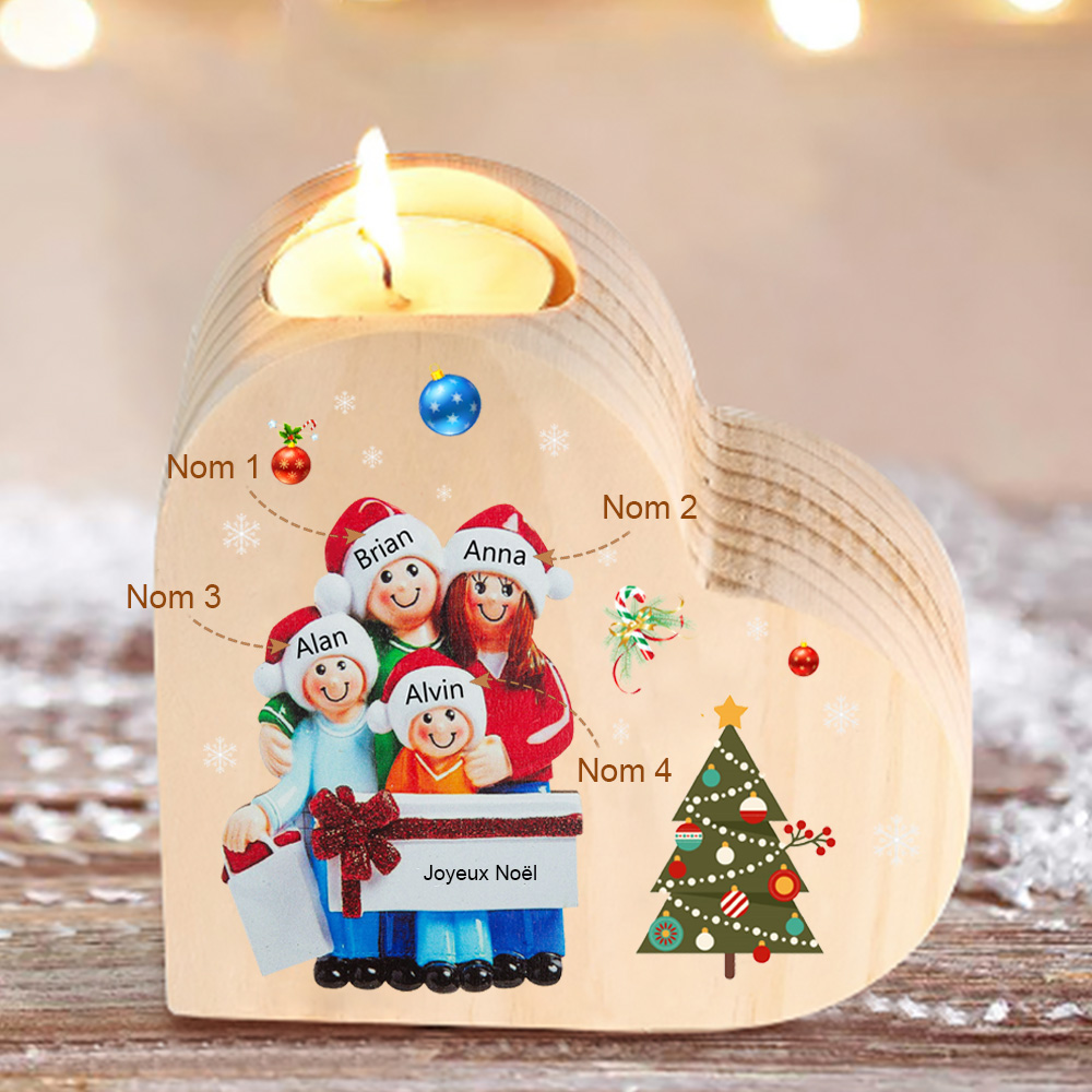 Bougeoir en Bois de Noël Poupée 4 Prénoms Personnalisés sans bougie