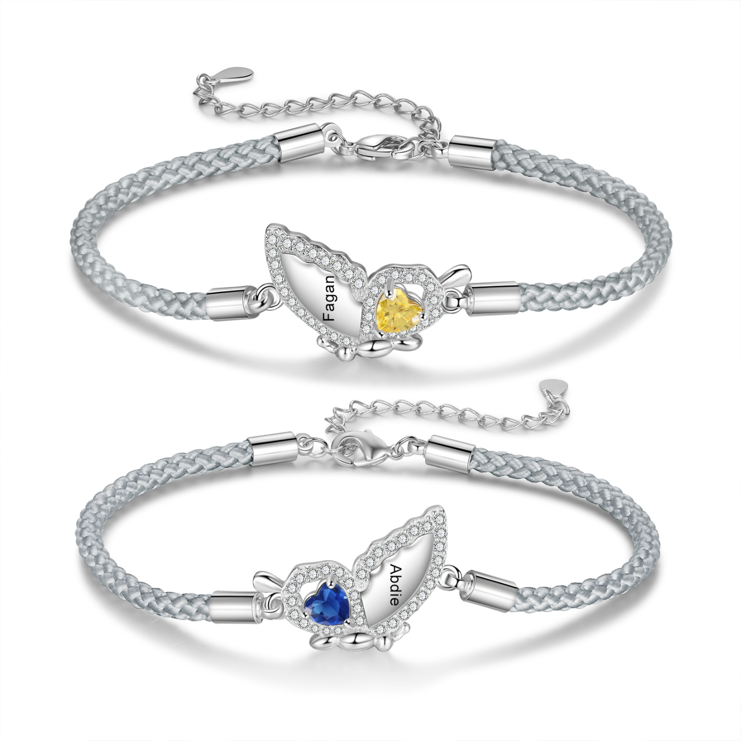 2PCS Bracelets Papillon Bracelet en Commun 2 Prénoms Personnalisées avec 2 Pierres de naissance｜Jessemade
