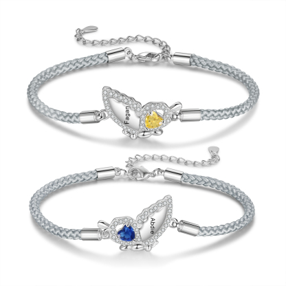 2PCS Bracelets Papillon Bracelet en Commun 2 Prénoms Personnalisées avec 2 Pierres de naissance｜Jessemade
