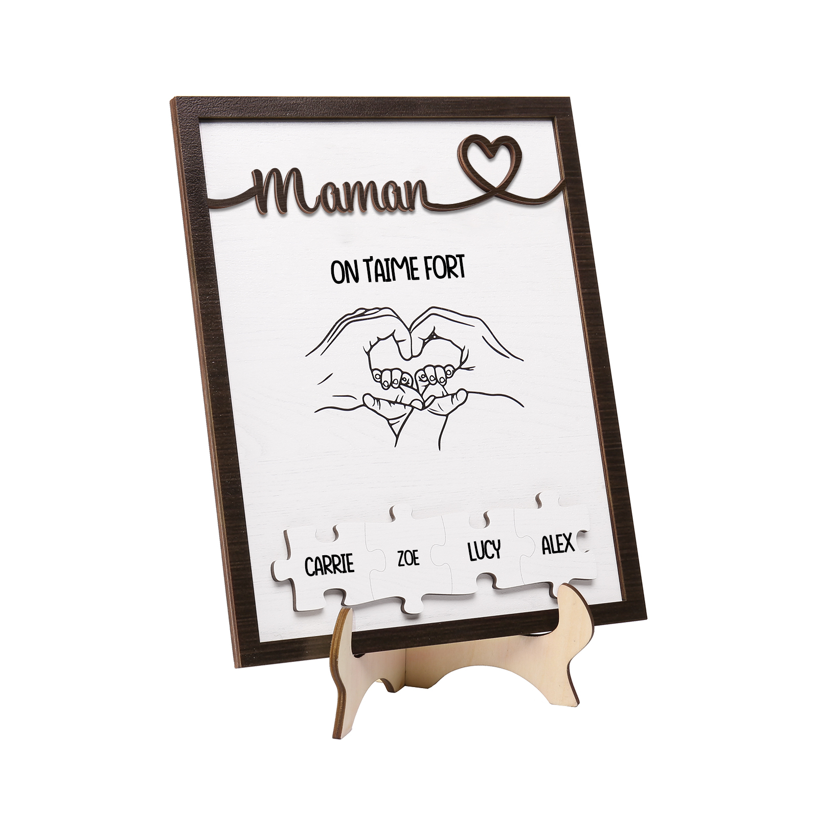 À Maman - Décoration en bois Mains et Puzzles 4 Prénoms et 1 Texte Personnalisés Ornement Famille