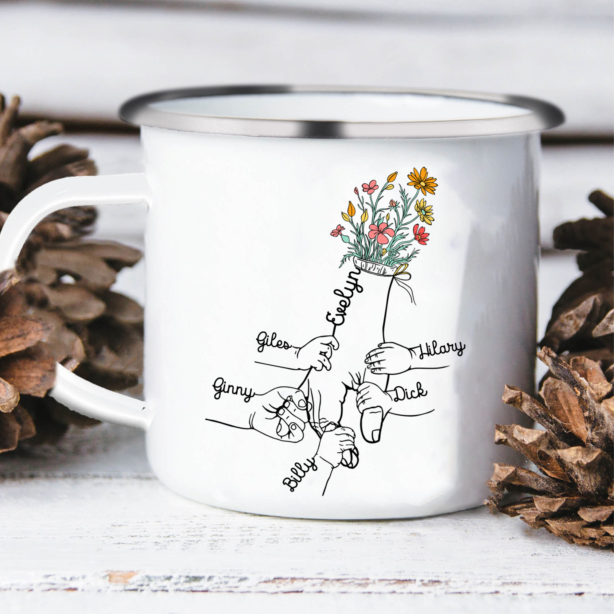 À Maman/Mamie - Tasse émaillée la Main dans la Main 6 Prénoms Personnalisés