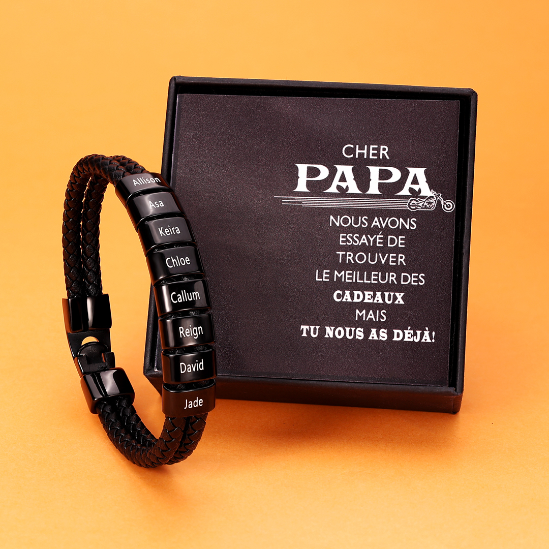 À mon Papa - Bracelet Cuir tressé 8 Perles et Prénoms Personnalisés Bracelet Hommes