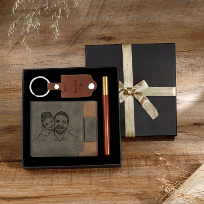 Coffret Cadeau 3PCS - Portefeuille classique Porte-Clés et Stylo 1 Prénom et Lettre Personnalisés avec 2 Photos et Textes  Coffret Cadeau pour Homme