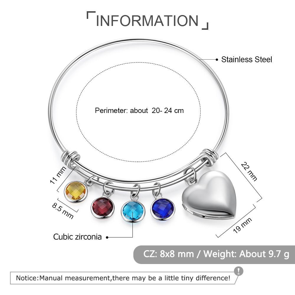 Bracelet Réglable Photo Personnalisé Coeur Avec 4 pierre de naissance