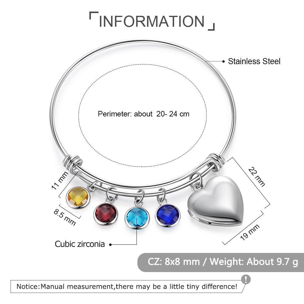 Bracelet Réglable Photo Personnalisé Coeur Avec 4 pierre de naissance