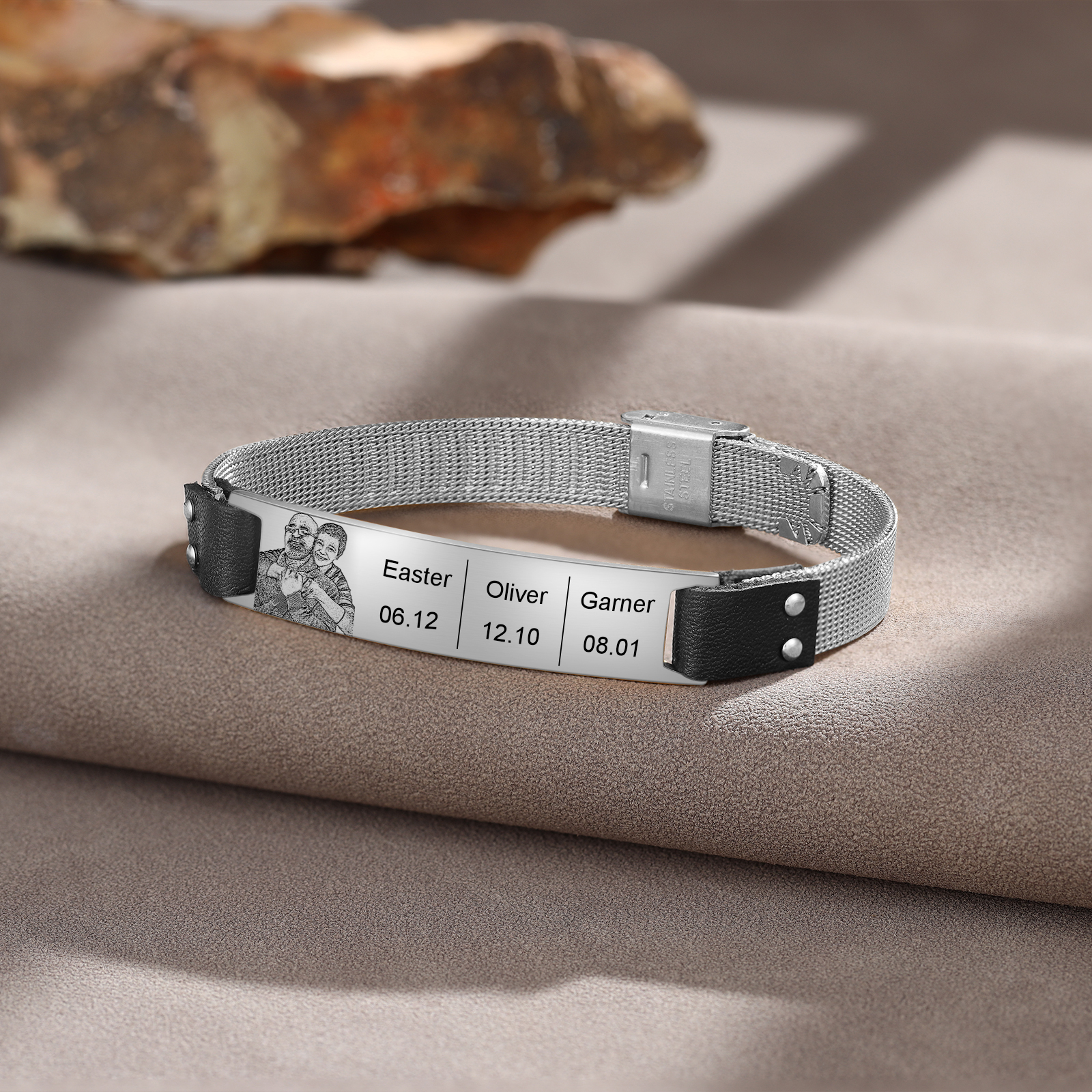 Bracelet Photo Personnalisé avec 3 Prénoms et Dates pour Homme｜Jessemade
