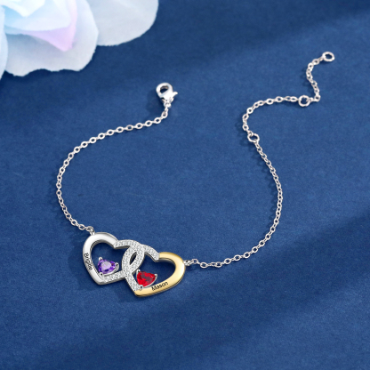 Bracelet Cœur Braelet Personnalisé Femme 2 Prénoms Personnalisé avec 2 Pierres de Naissance｜Jessemade