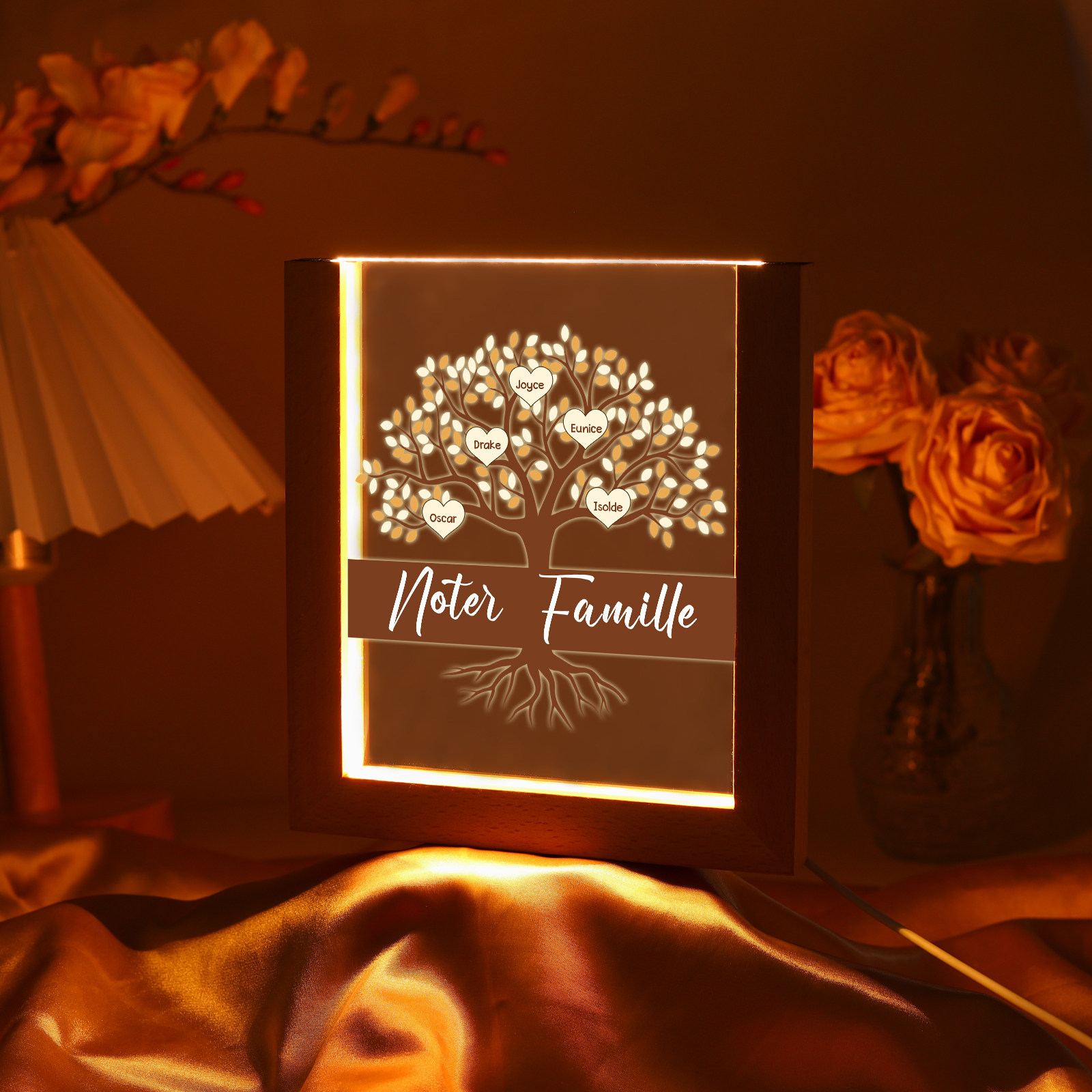 À Maman/Mamie - Lampe de chevet LED Arbre 5 Prénoms Personnalisés avec 1 Texte