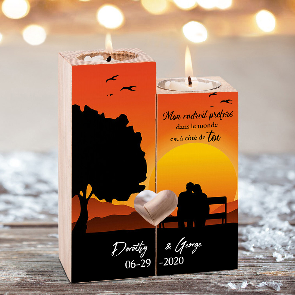 Bougeoir en Bois 2 Prénoms et 1 Date Personnalisés sans bougie cadeau 