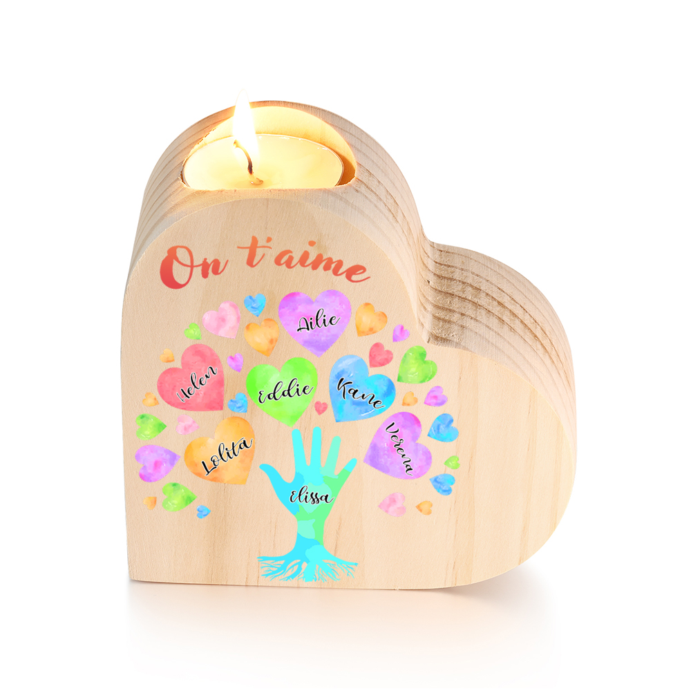 Bougeoir en Bois 7 Prénoms Personnalisés avec Texte sans bougie pour Famille