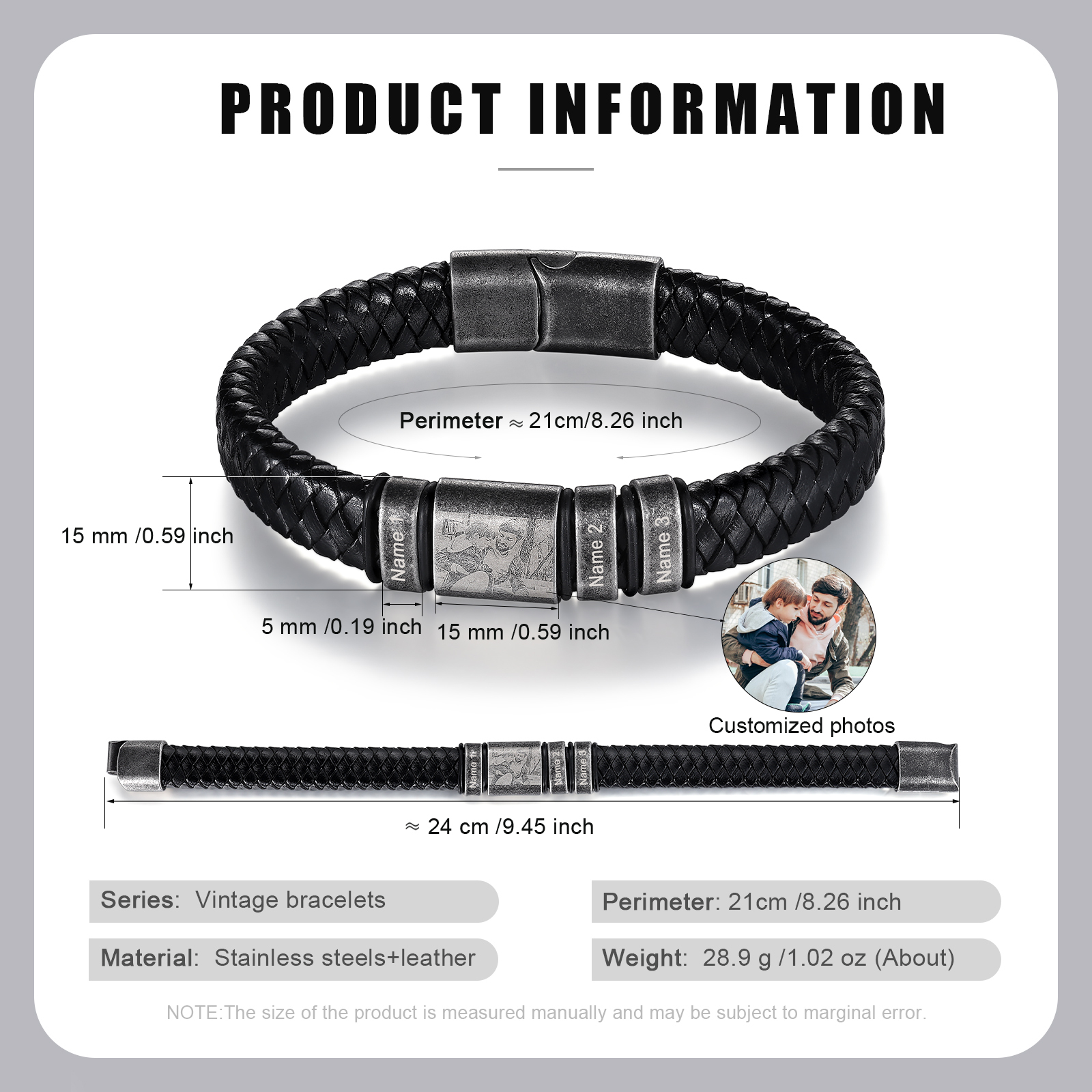 Bracelet Photo Personnalisé avec 3 Prénoms gravés pour Homme｜Jessemade