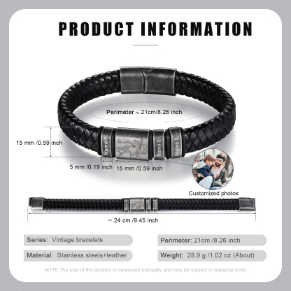 Bracelet Photo Personnalisé avec 3 Prénoms gravés pour Homme｜Jessemade
