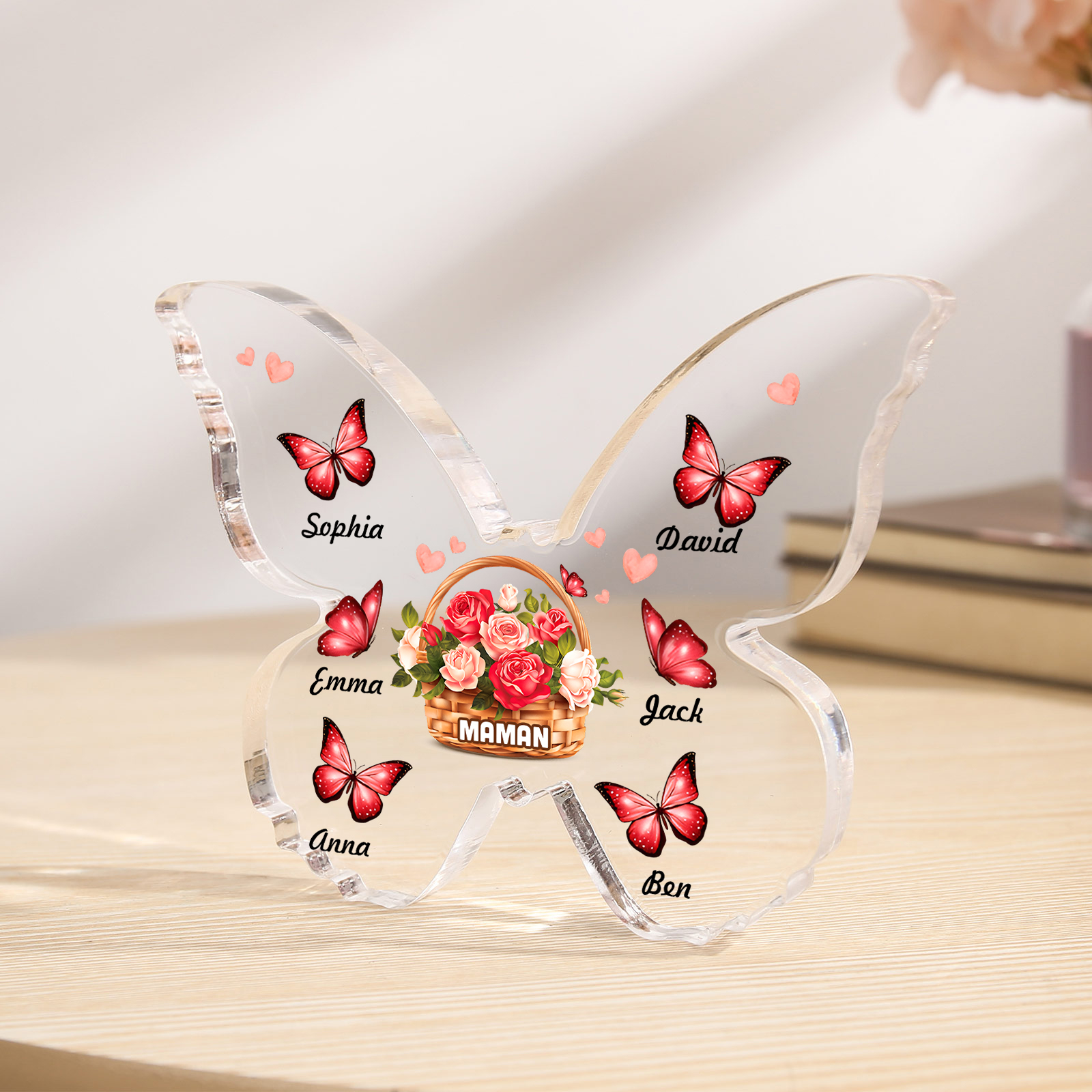 À Maman/Mamie - Plaque Acrylique en forme de Papillon 6 Prénoms et 1 Texte Personnalisés Decoration Fleurs et Papillons