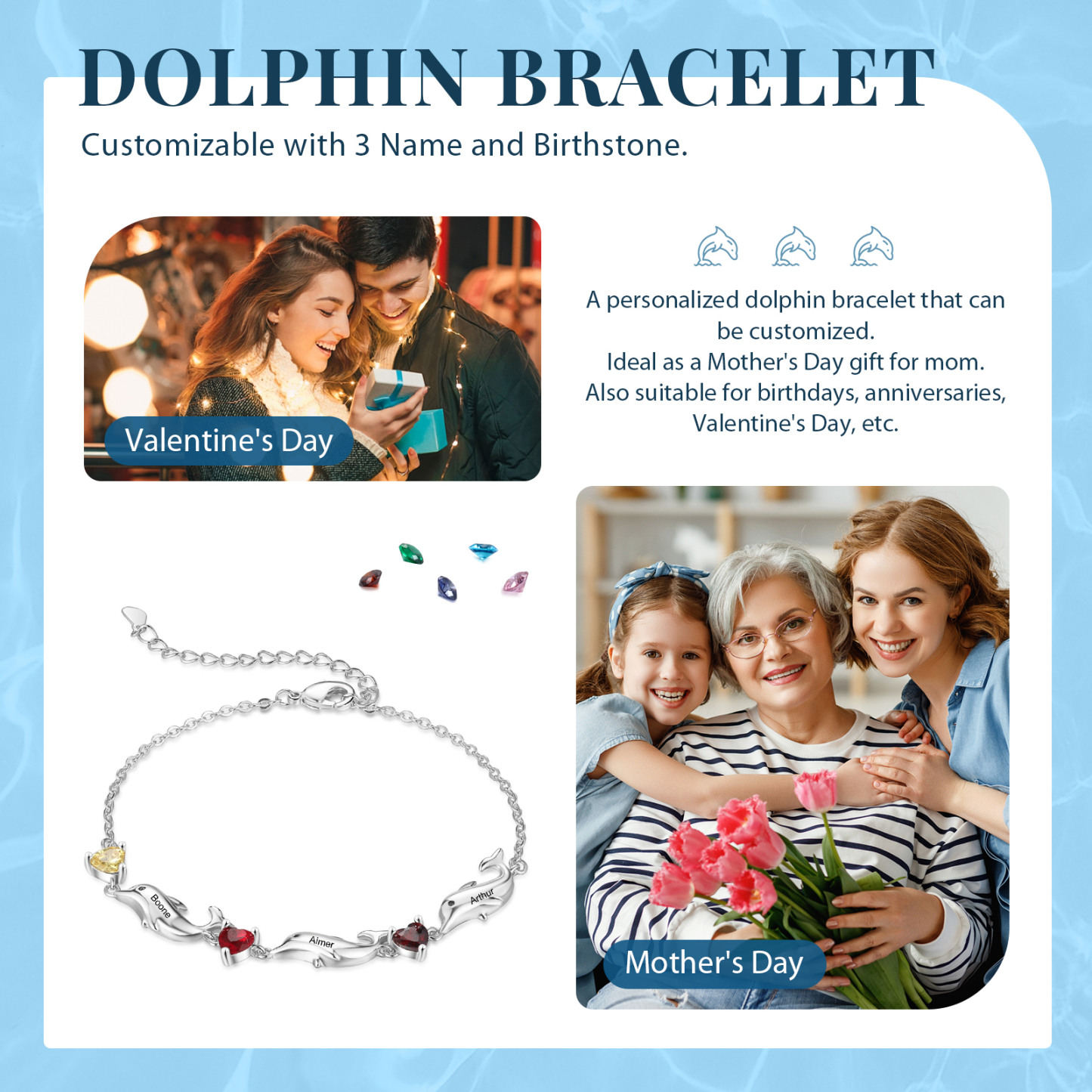 Bracelet dauphin 3 Prénoms Personnalisé avec 3 Pierres de Naissance