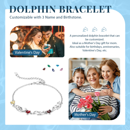 Bracelet dauphin 3 Prénoms Personnalisé avec 3 Pierres de Naissance