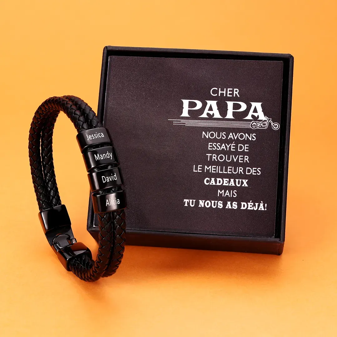 À mon Papa - Bracelet Personnalisé Homme Bracelet Cuir tressé 1-8 Perles et Prénoms Personnalisé | Cadeau Fête des Pères | Jessemade