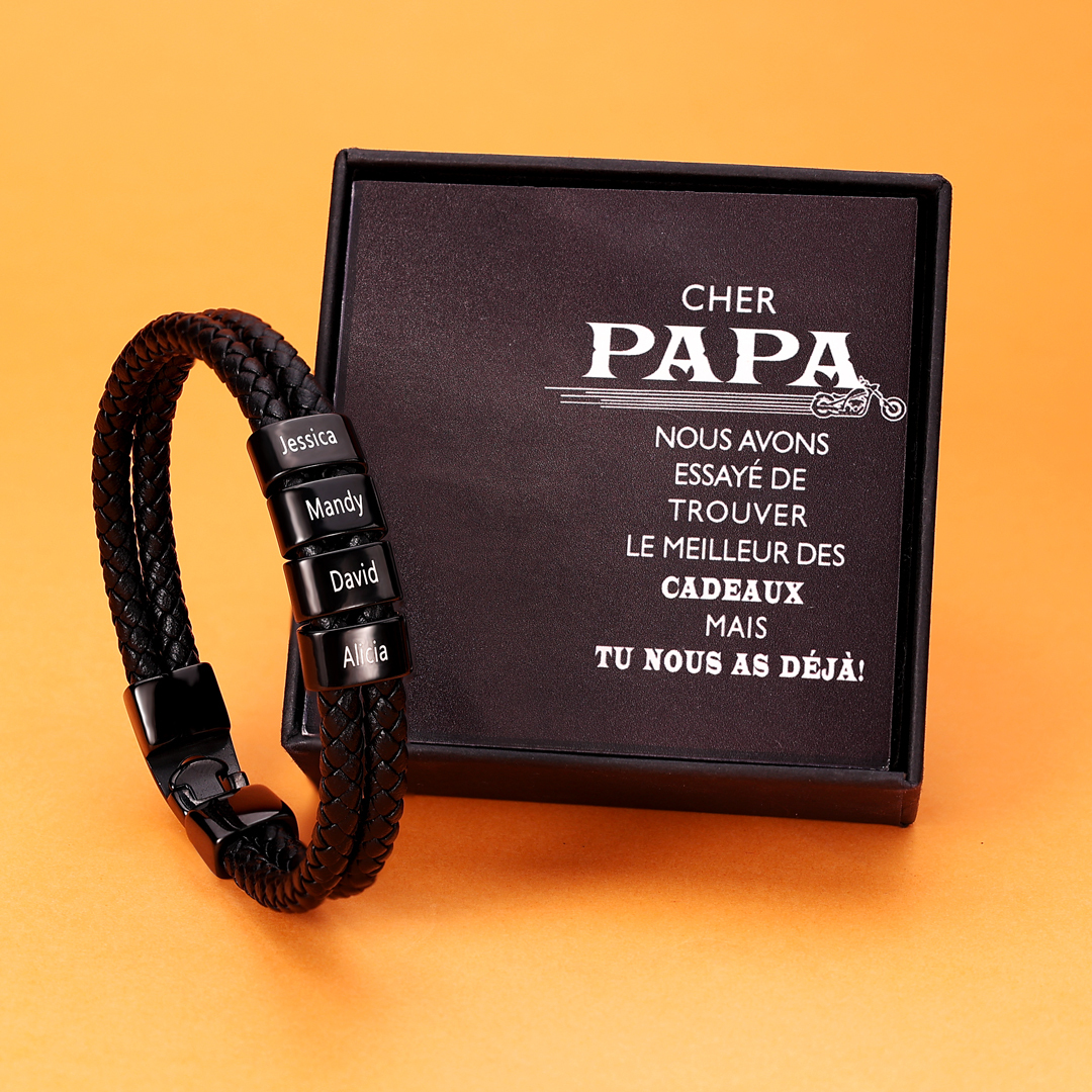 À mon Papa - Bracelet Personnalisé Homme Bracelet Cuir tressé 4 Perles et Prénoms Personnalisés|Jessemade