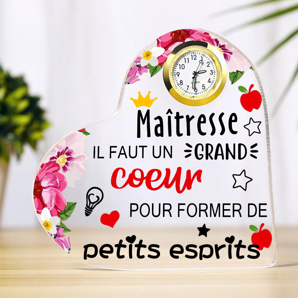 Cœur acrylique avec horloge et message pour maîtresse | Jessemade