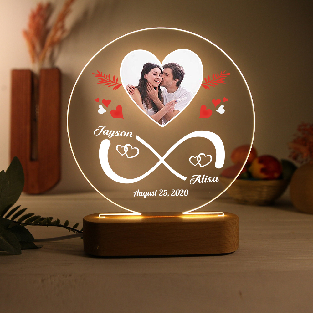 Lampe de chevet Couple LED Lumières 2 Prénoms et 1 Photo Personnalisés avec Date