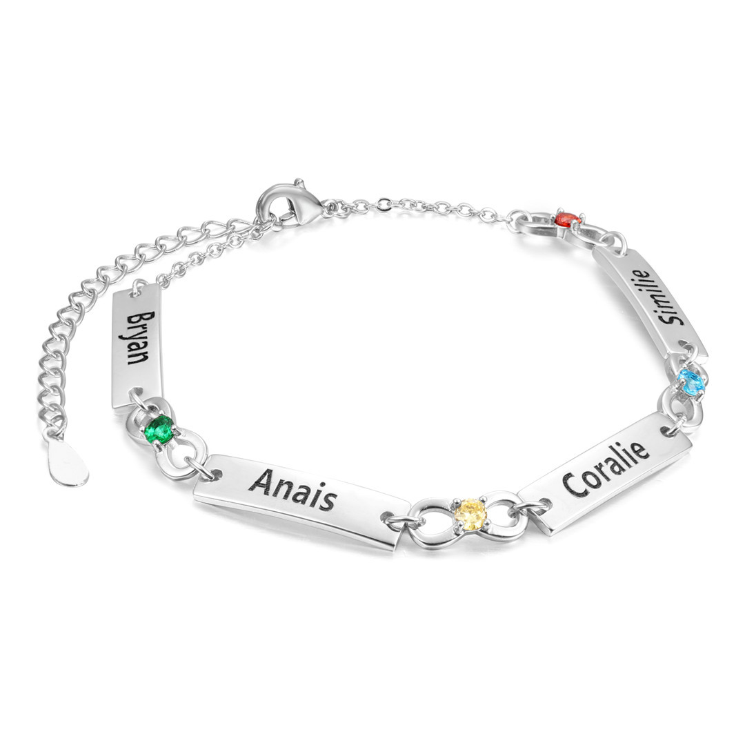Bracelet infini 4 Prénom Personnalisé avec 4 Pierre de Naissance