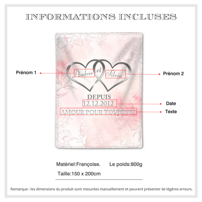 Couverture Plaids Polaire 2 Prénoms Personnalisés avec Date et Texte pour Couple | Jessemade
