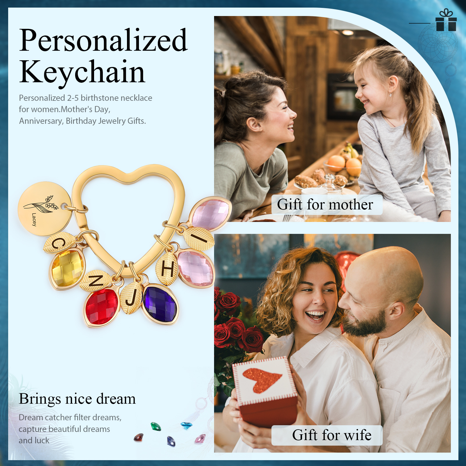 Porte-Clés Fleur de Naissance Feuilles 1 Prénom et 5 Lettres Personnalisés avec 5 Pierres de Naissance