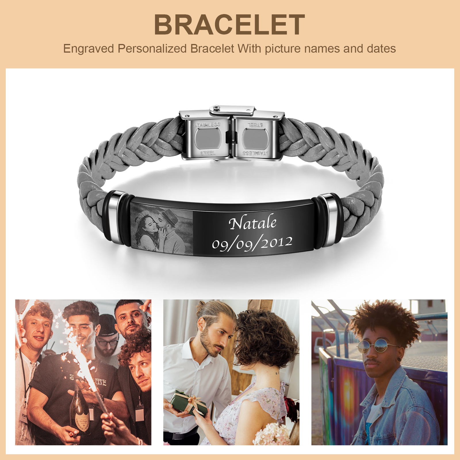 Bracelet Prénom et Photo Personnalisés avec Date pour Homme