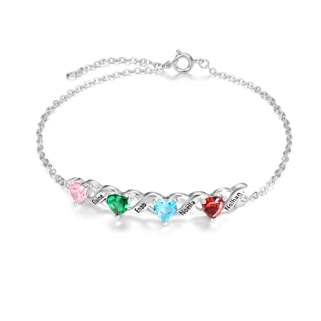 Bracelet à Breloque 4 Prénoms Personnalisé avec 4 Pierres de Naissance