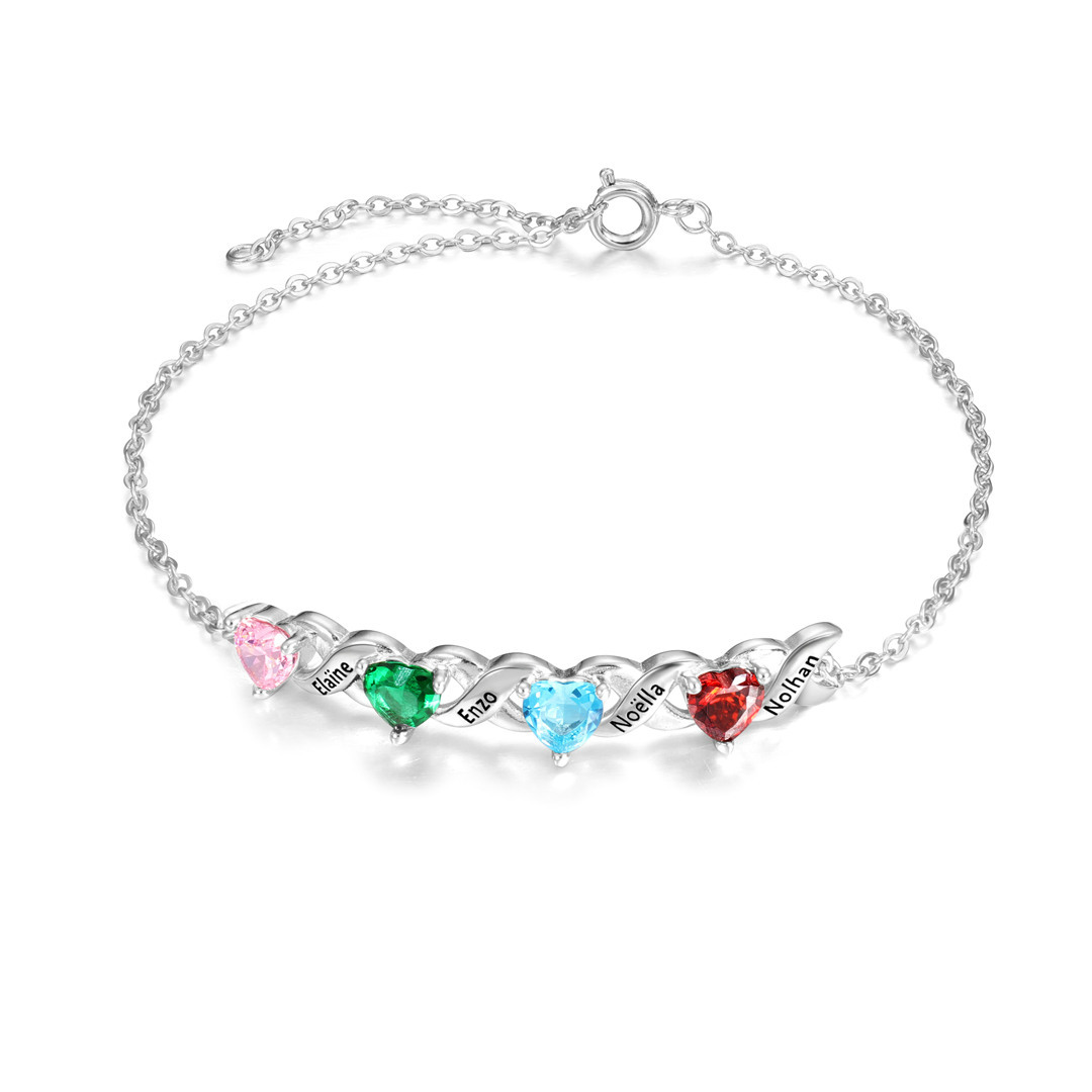 Bracelet à Breloque 4 Prénoms Personnalisé avec 4 Pierres de Naissance